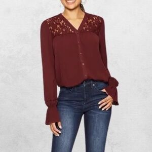 Knox Rose Button Down Blouse Round Neck Tie Front Lace Shoulder Maroon Women's S